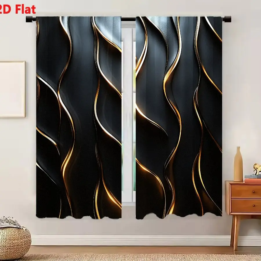 2Pcs Curtains Add 2D Flat Abstract Wave Lines Dark Leather Gold Trim Luxury Symmetrical Pattern Window Drapes for Bedroom Room D