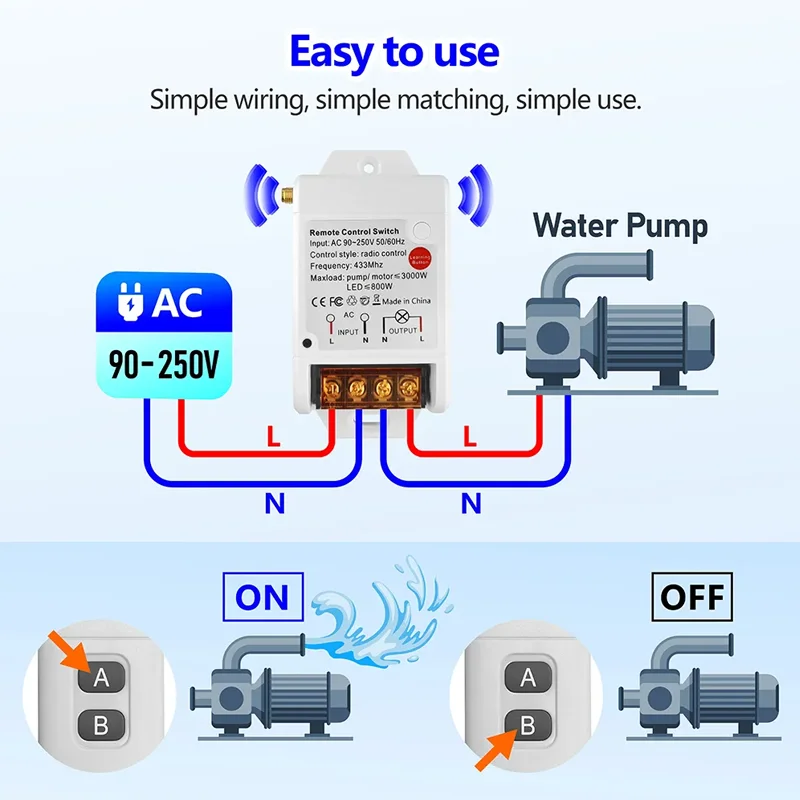 Mando a distancia RF433 MHz, 3000m, 30A, 220V, CA, interruptor de bomba de agua, Control remoto inalámbrico RF, receptor de Radio, 1KM, 3KM, 5KM