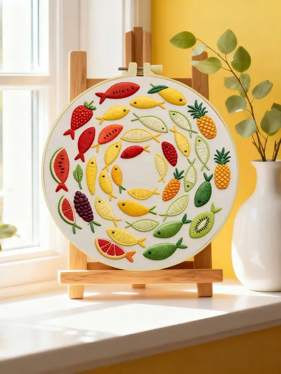 1 Stück 20X20CM/15X15CM 7,87/6,3 Zoll Obst-Fisch-Stickerei-Starter-Kit DIY-Kit DIY-Stickerei-Set für Anfänger – Detail 6