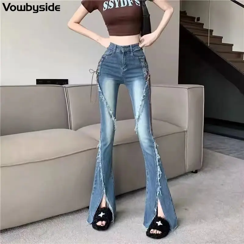 

Women's Casual Jeans Solid Color Strap High Waist Denim Trousers Slim Flare Pants