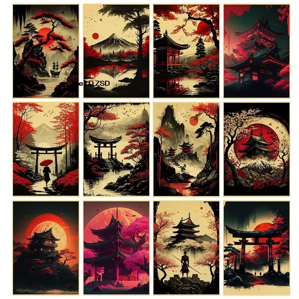 

Cartoon Red Moon Japanese Architecture Poster Nostalgia Aesthetic Cafe Room Wall Art Picture Dormitory Bedroom Wall Painting