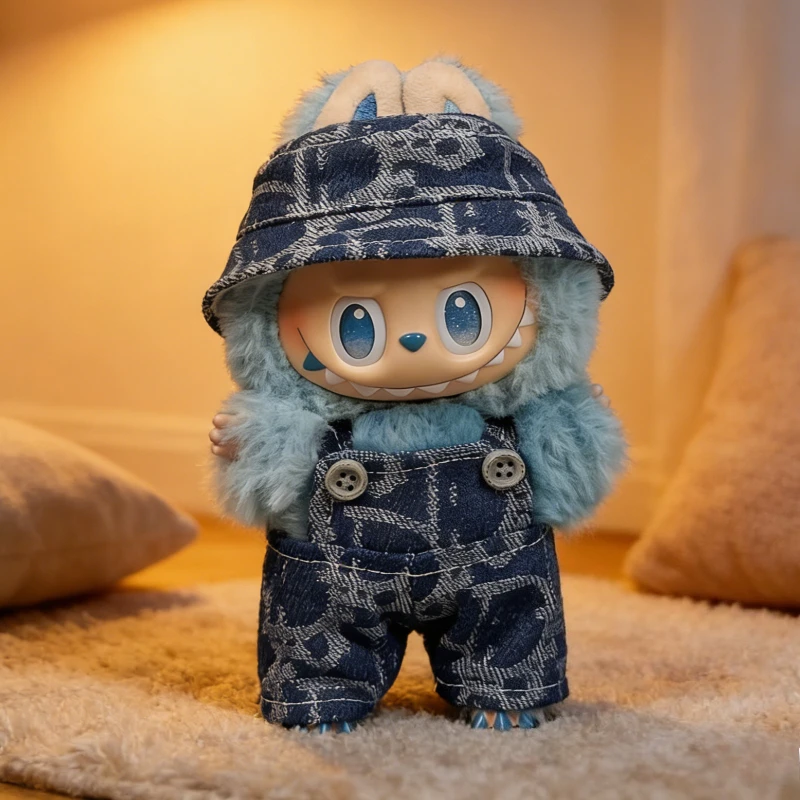 

For 15/17cm Labubu Clothing Fashion Fisherman Hat Overalls Set Labubu Clothes denim jacket Outfit DIY replacement Accessories