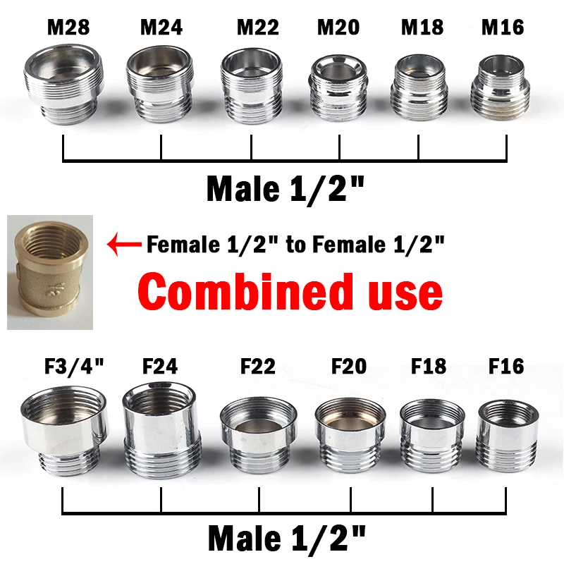 2Pcs Male 1/2‘’ To M16 M18 M20 Faucet Connector Kitchen Water Purifier Copper Joints Silver Stainless Steel Aerator Accessories