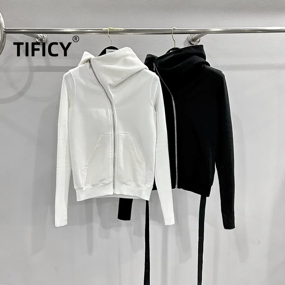 TIFICY High Street Women's Dark Wizard Hat Ribbed Sleeves Black Zipper Cotton Solid Color Hooded Sweatshirts Hoodie Coat