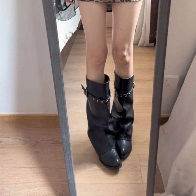 Women Rivet Buckle Slouch Long Boots, Retro Ruched Wide Calf Pants Boots Wedge Heel High Knee Knight Boots Western Punk Style