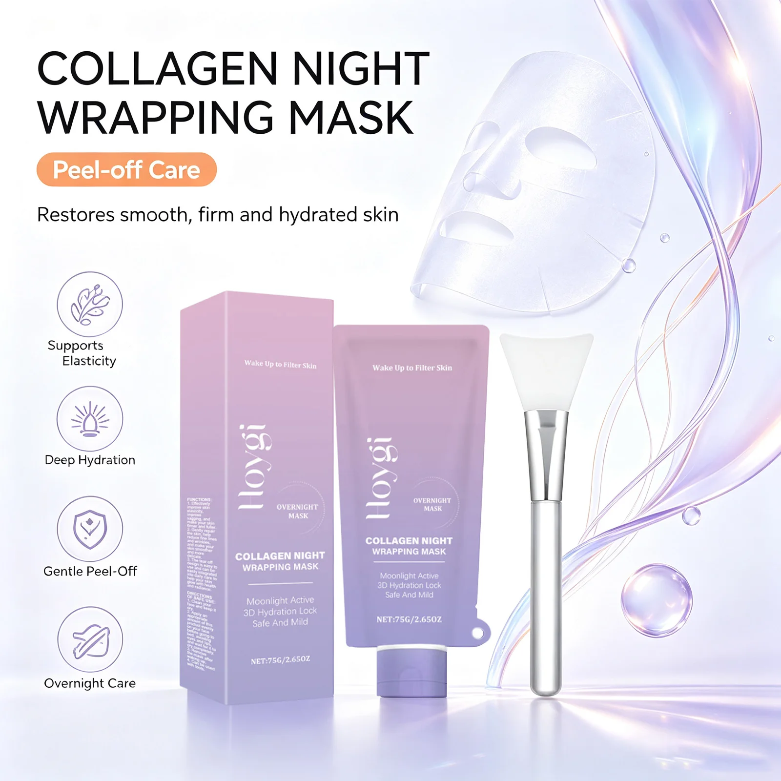 Collagen Night Wrapping Mask Firming Hydrating Glowing Skin Exfoliating Face Mask with Hyaluronic Acid for Deep Cleansing