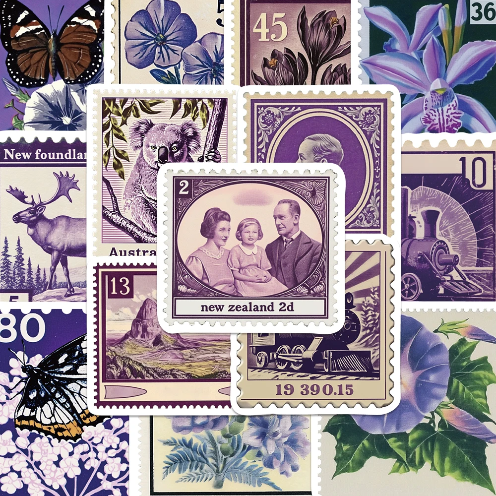 50 Uds. De pegatinas de sellos Vintage moradas, hermosas flores, calcomanías de mariposas, diario DIY, maleta, pegatinas para monopatín para adolescentes