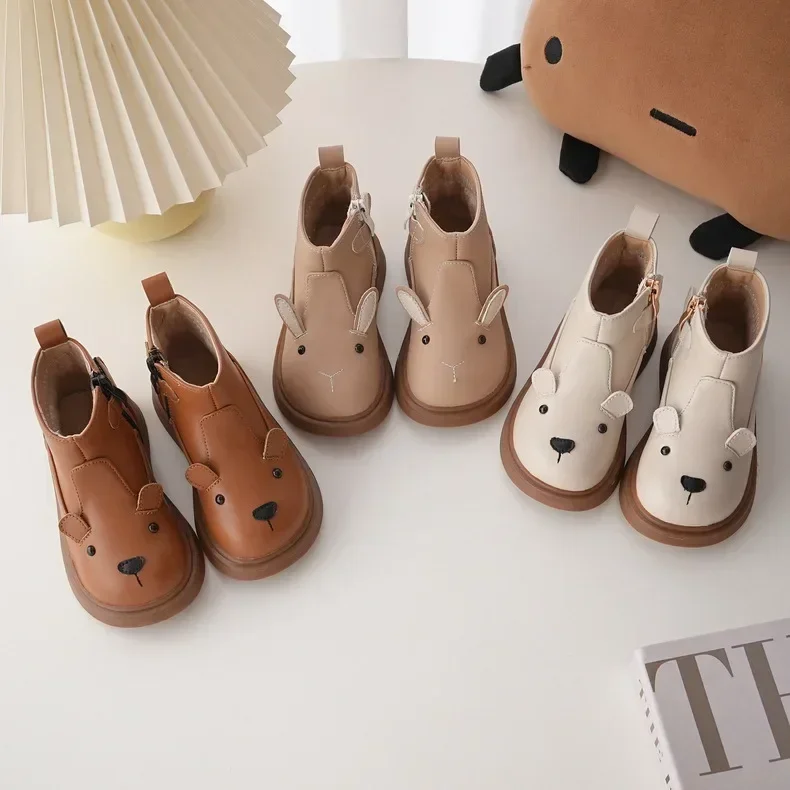 Bottes en cuir pour enfants [vent de forêt mobile japonais] automne et hiver velours chien lapin mignon garçons filles botte de cigarette