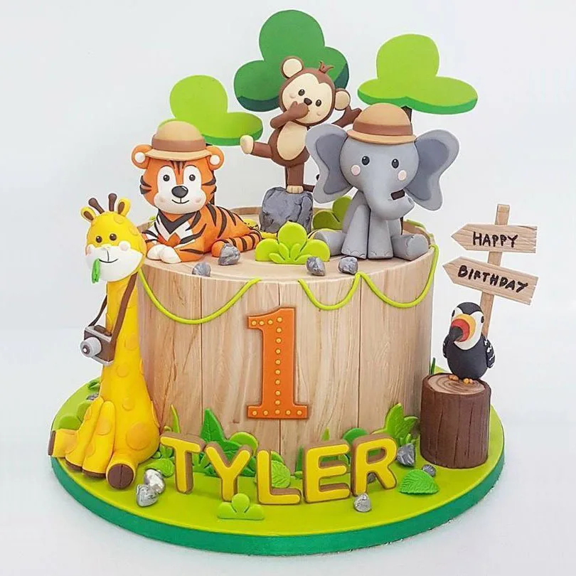 Woodland Animals Cake Decor Giraffe Tiger Monkey Elephant Jungle Safari Party Cake Topper Happy Kids Birthday Party Supplies