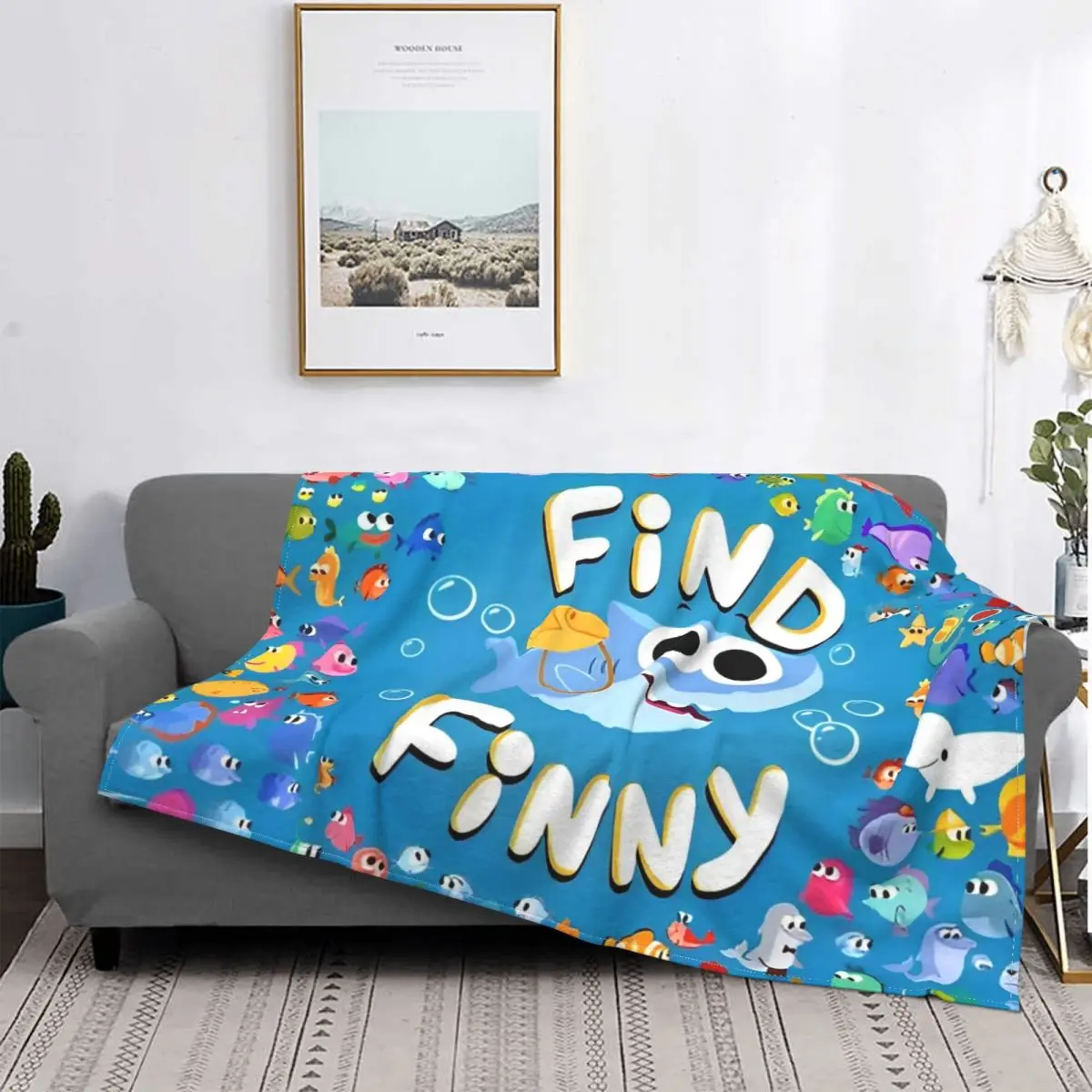 Finny The Shark Knitted Blankets Fleece English Cartoon Ultra-Soft Throw Blanket for Home Couch Bedspread