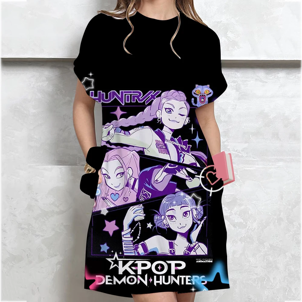 فستان Kpop Demon Hunters Huntrix فستان نسائي فضفاض غير رسمي برقبة دائرية وأكمام قصيرة فستان قصير فضفاض أنيق لحفلات الشاطئ والعطلات