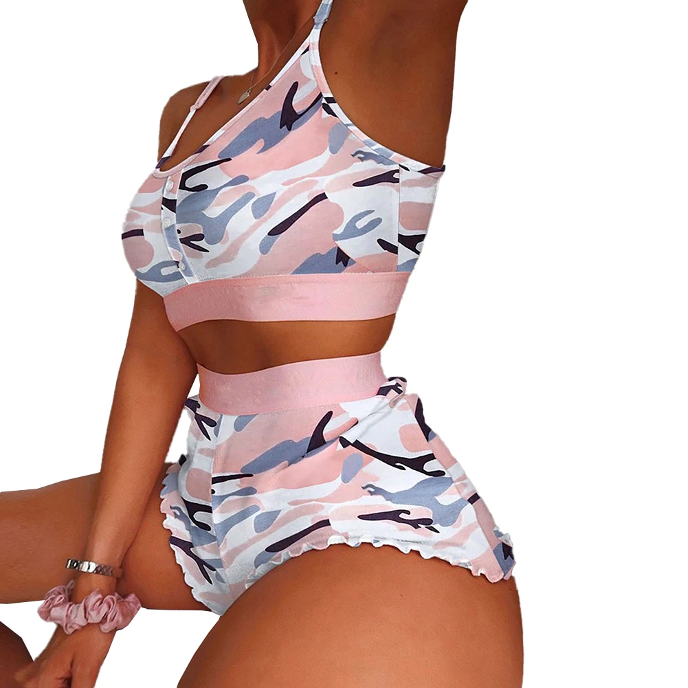 Sexy Women Lingerie Set Fashion Print Pajamas Breast Wrapping Bra Loose Short Sleepwear Thin Homewear Soft Elasticity Nightwear