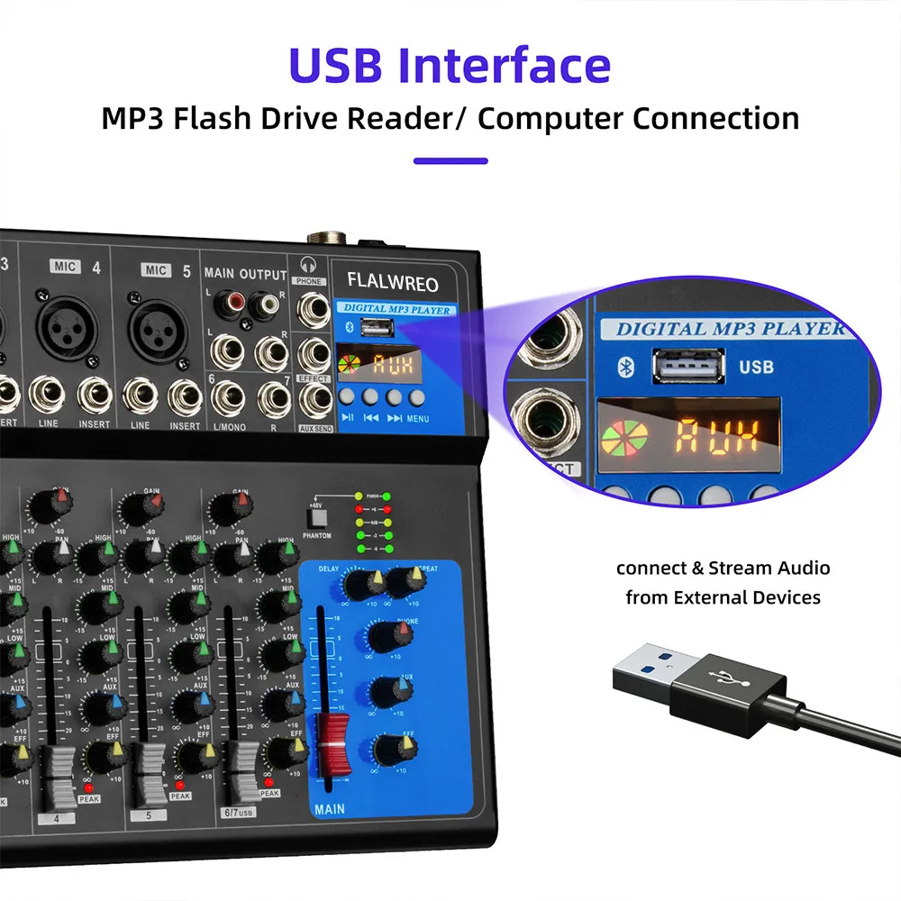 FLALWREO Sound Mixer Professional Portable Digital DJ Console 4/7 Channel with USB For Studio Record