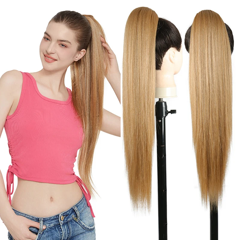 Snowdrop 28 Inch Synthetic Ponytail Extension Yaki Straight Fake Hair Long Hairpiece Ash Blonde Drawstring Ponytails