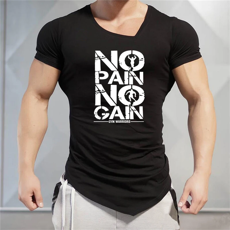 Summer Men Itness Cotton V-neck Slim Fit Irregular Hem Short Sleeve Casual T Gym Workout Bodybuilding Training Clothing T-Shirt
