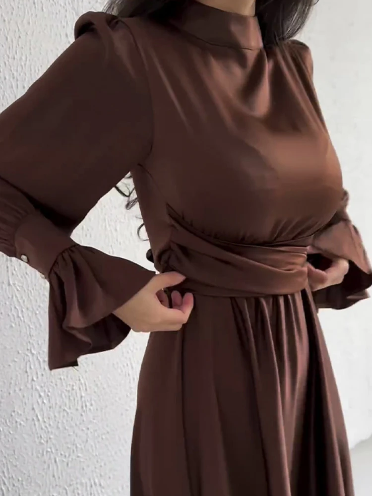 Vestido de fiesta musulmán Eid para mujer, manga de hoja de loto, satén, vendaje, Ramadán, Abaya, Largo, cinturón, 2024