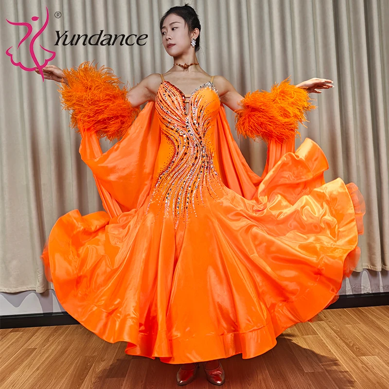 B-26086 High-end High Quality Sexy Women Girls Orange Smooth Dance Competition Wear Custom Ballroom Dress With Pearl Silk