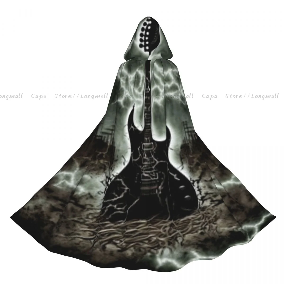 Playing Electricity Silhouette Of Metal Guitar Against Lightning Cloak Hooded Cosplay Costume Halloween Adult Long Party Cape