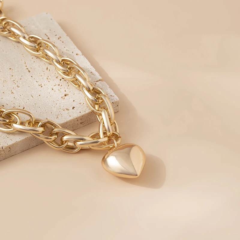 Punk Love Heart Pendant Necklaces Fashion Hip Hop Double Layered Gold Silver Color Thick Chain Choker Necklace Party Jewelry