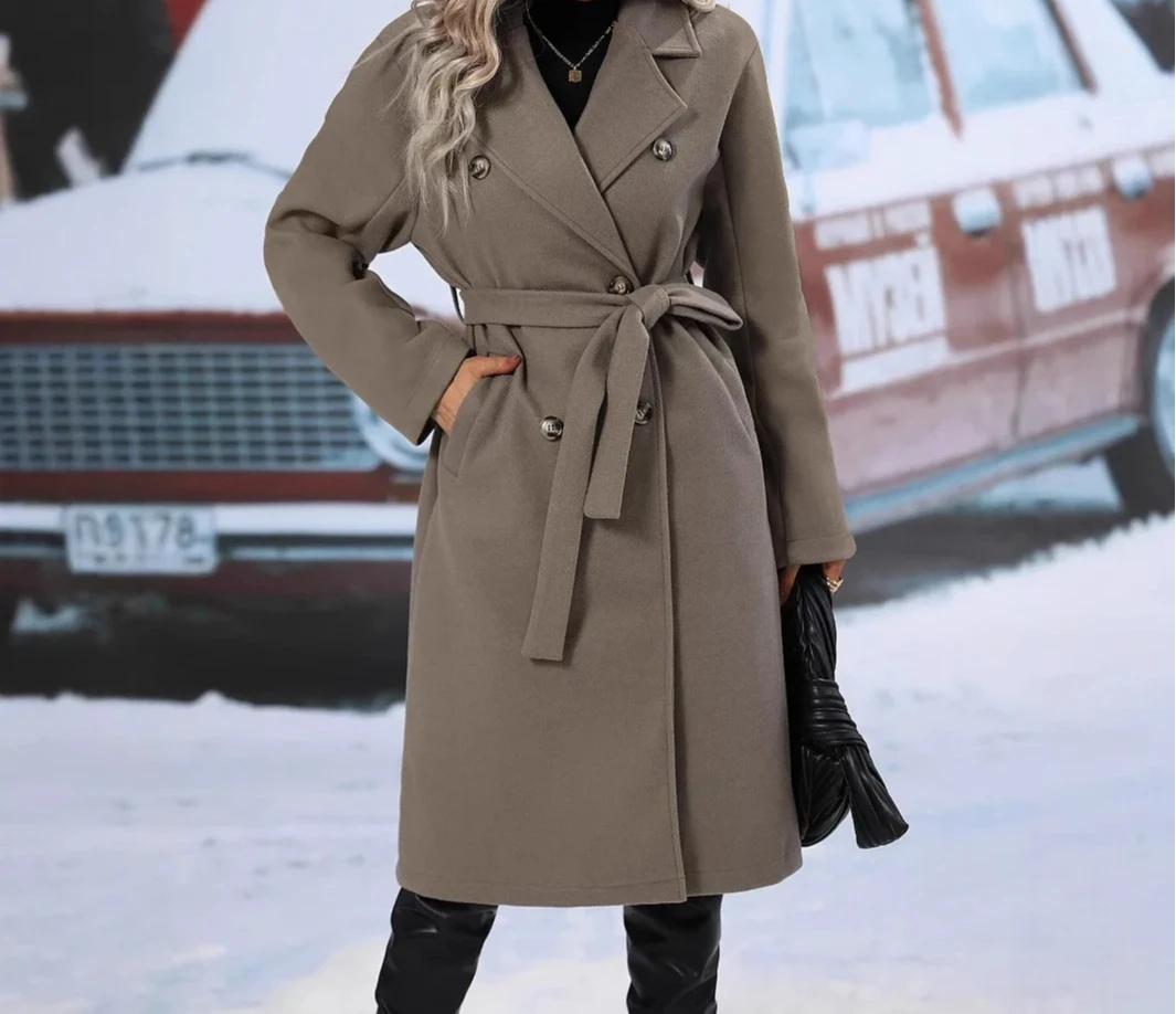 

2025 Autumn Winter European American Hot Sale Elegant Warm Outerwear New Arrival Women's Double Breasted Lace-up Blend Coat