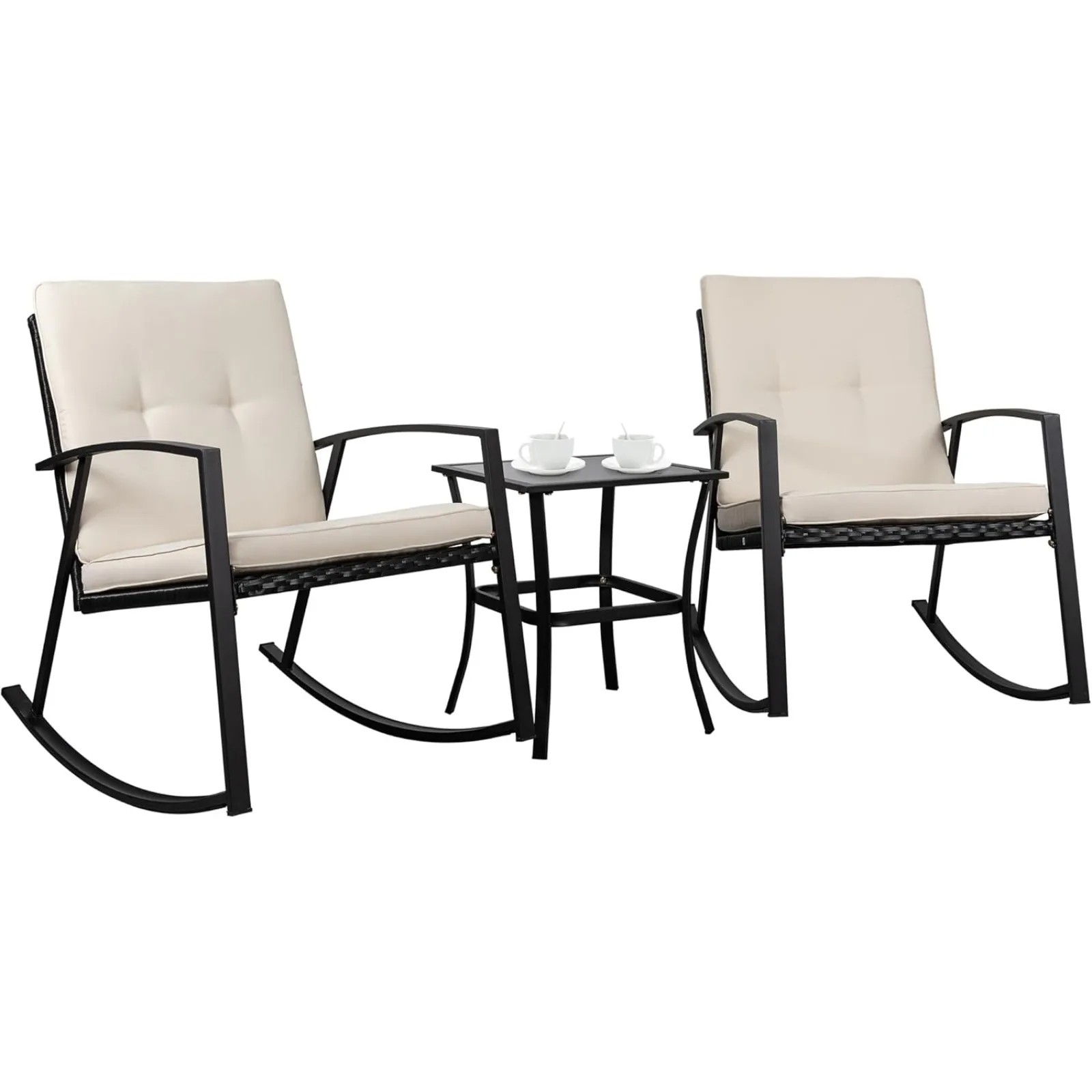 US 3 Pieces Rocking Bistro Set Wicker Patio Outdoor Furniture, 2 Rattan Porch Chairs Conversation Sets with Glass Coffee Table