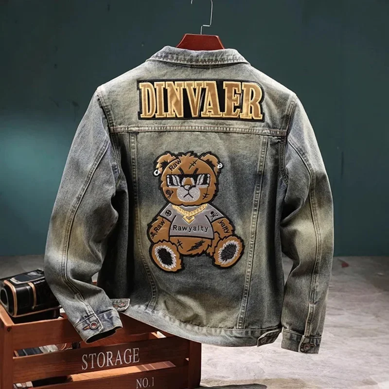 2026 Retro Denim Jacket Men Bear Embroidery Back Trendy Lapel Jacket New Stylish Loose Jacket Motorcycle Outwear