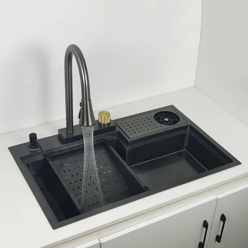 Waterfall kitchen sink Nano Stainless Steel kitchen sink with cup washer High and low sink With cutting board  Waterfall Faucet