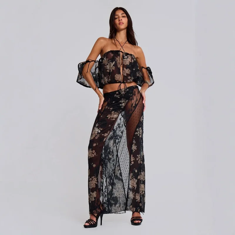 

Jaded London Halter Black Floral Patchwork Mesh Skirt Lace See Through Sexy y2k Spice Girl Style