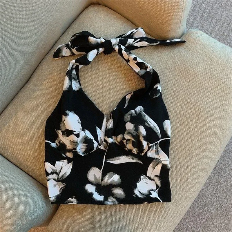 قميص قصير برقبة معلقة على شكل زهرة للسيدات صيفي جديد مثير برقبة على شكل حرف v ملابس خارجية للتخسيس مكشوفة من الخلف بأربطة علوية