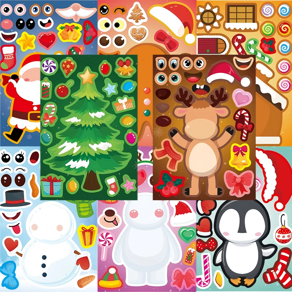 8/16 Blatt süße Weihnachten Schneemann Elch Puzzle Aufkleber Kawaii machen ein Gesicht DIY Aufkleber Spielzeug zusammenbauen Puzzle Spiel Partybevorzugung Geschenke