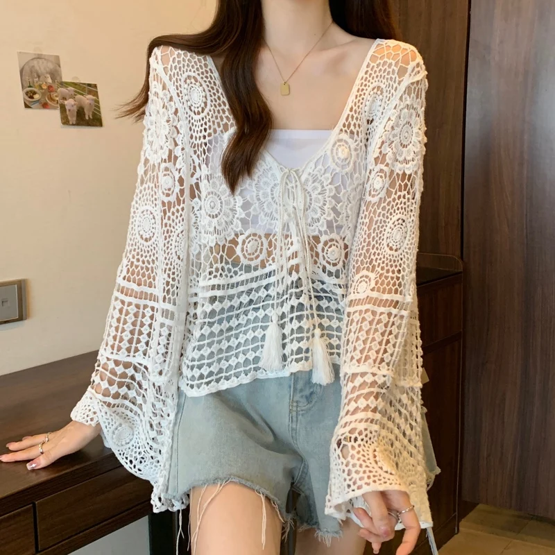 Women Gypsy Crochet Top Sheer Embroidery Open Knit Bell Sleeve Tie Front Open Knit Top Pullover Summer Vacation Boho Beach Wear