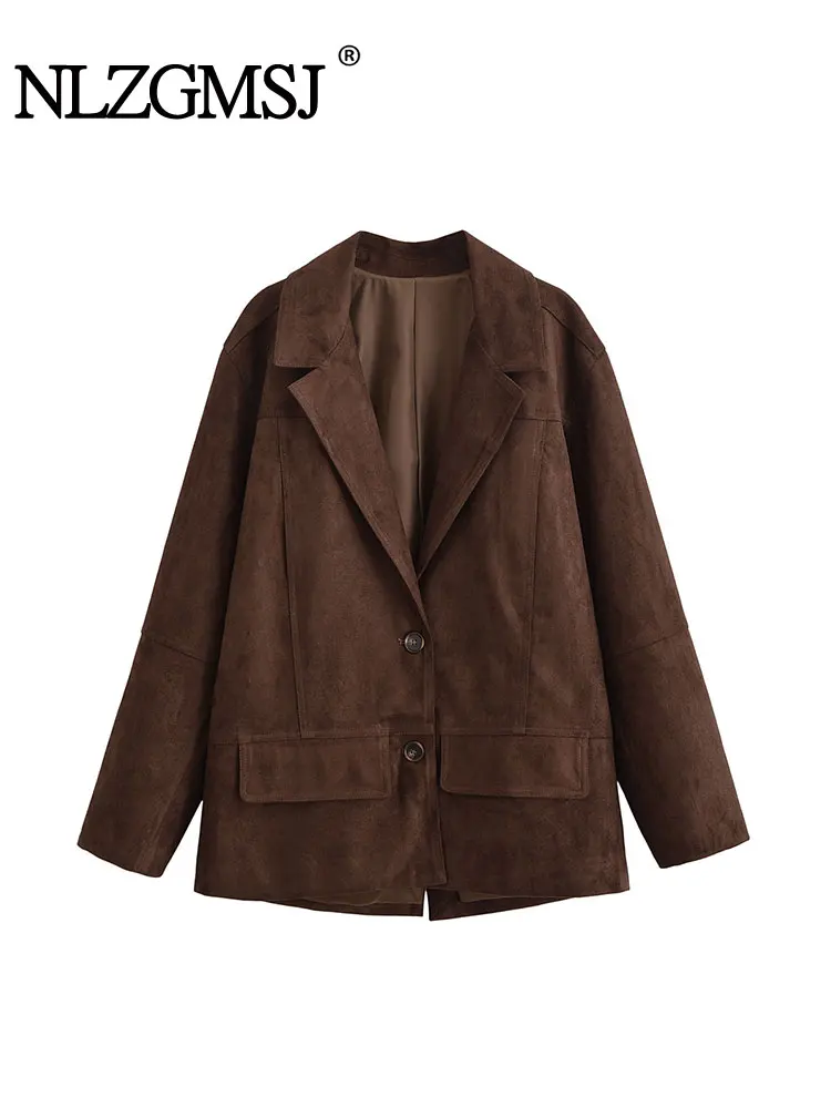 

Nlzgmsj осенний офисный женский шикарный женский пиджак с однотонными карманами, замшевый пиджак с v-образным вырезом и длинными рукавами на одной пуговице, модная верхняя одежда