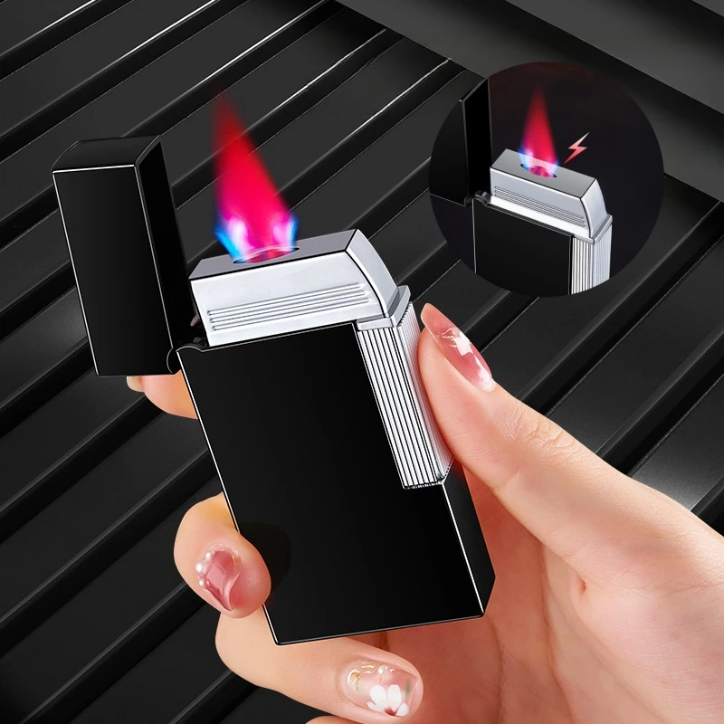 

Personalized Flat Mouth Red Flame Metal Windproof Lighter Visible Gas Chamber Butane Gas Lighter Smoking Cigarette Accessories