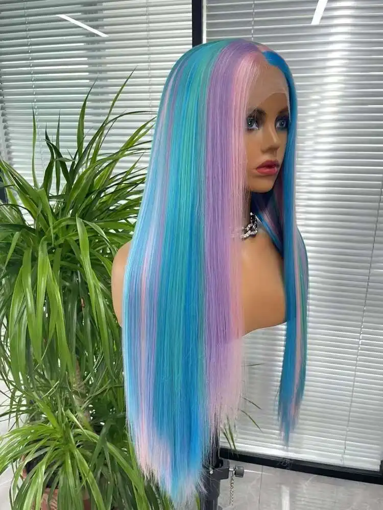 Pink Blue Purple Green Wigs Long Straight 13x3 Lace Front Wig Synthetic