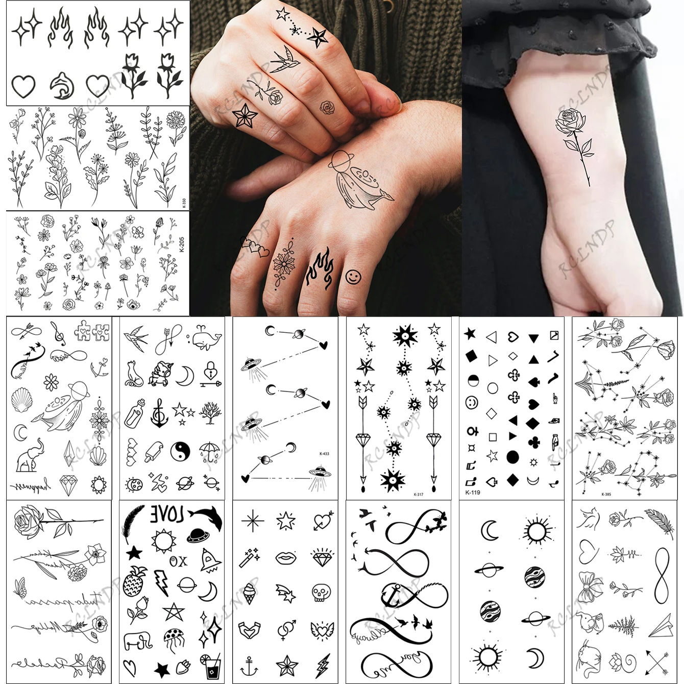 15pcs Waterproof Temporary Tattoo Sticker Starry Moon Flower Heart Flying Bird Fake Tatto Flash Tatoo finger Tato for  Women Men