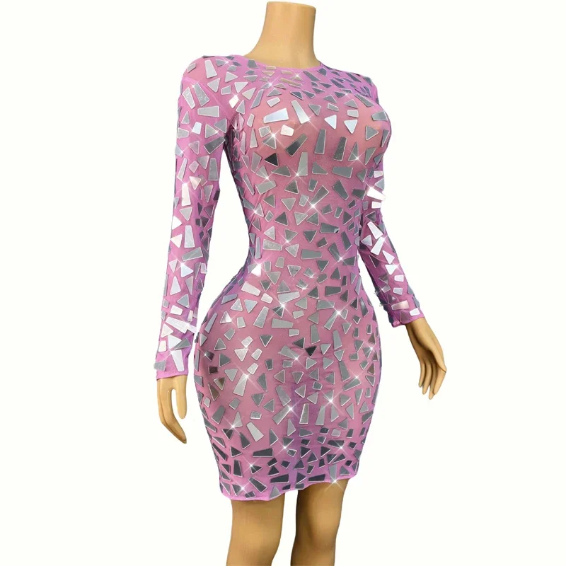 

Pink Mirror Dress Women Evening Outfit Celebrate Party Dresses Bar Dj Ds Stage Catwalk Clubwear singer Festival Costumes