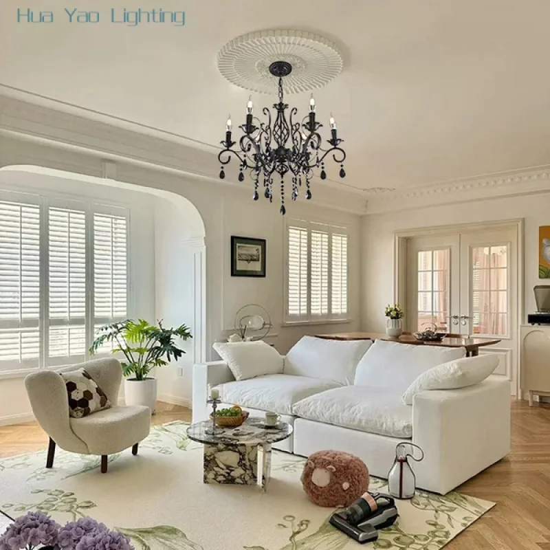 LED Dimmable Baroque Black Crystal Chandeliers Elegant Home-applicants Classical Lustre Main Lighting Suspension For Living Room