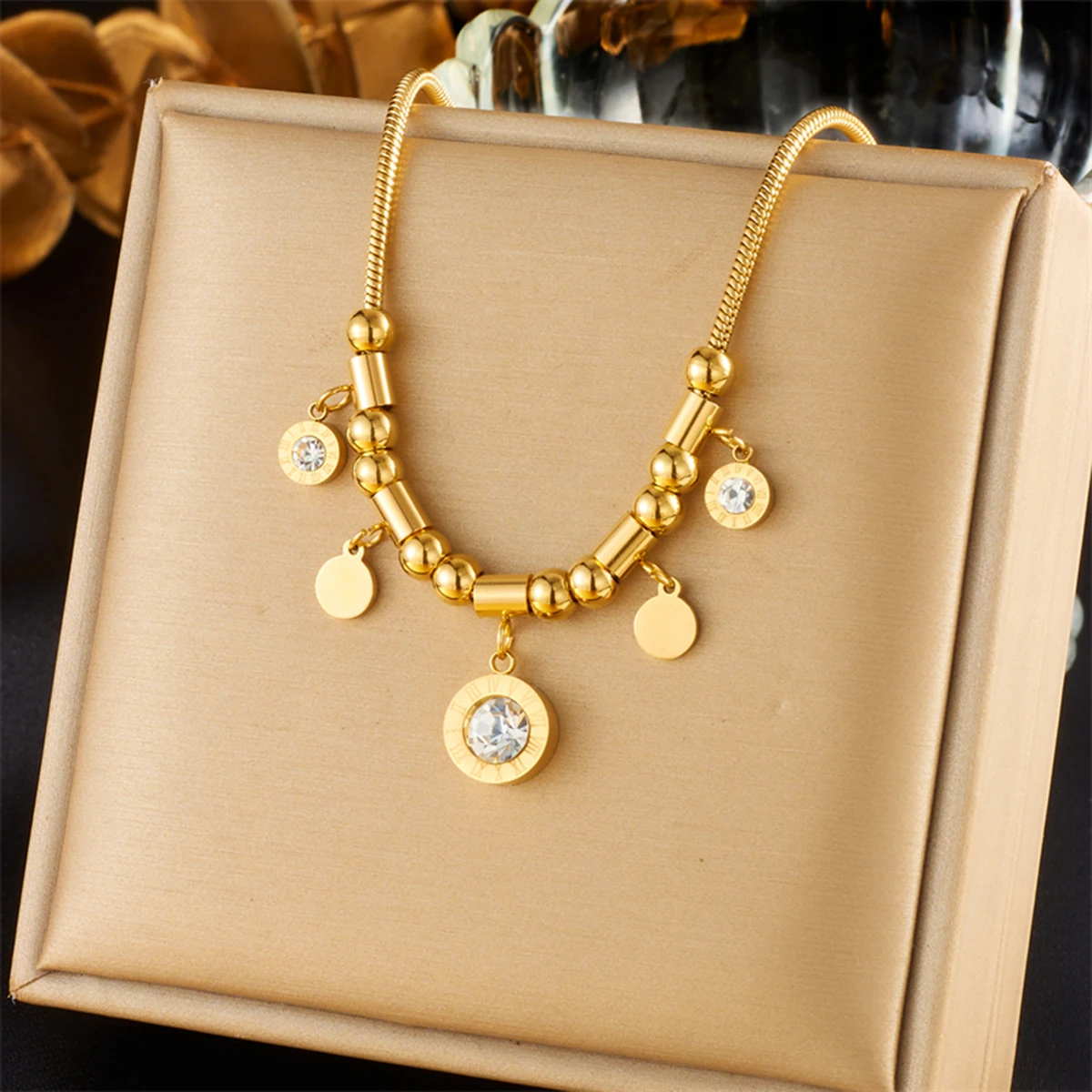 DIEYURO 316L Acero inoxidable redondo Número Romano circón colgante collar para mujeres Vintage étnico señoras cadena joyería regalos