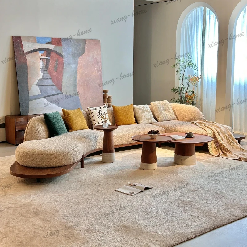 Oatmeal Boucle S Shaped Curved Sectional Sofa Left Chaise Wooden Plinth Base Pillow Backrest For Living Room Villa Bedroom Home