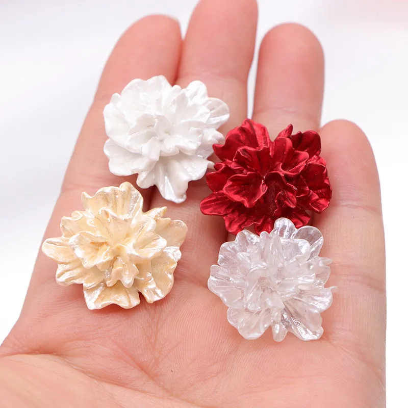 10Pcs/lot Flat Back Resin Cabochon Pearl White Red Champagne Gold Color 3D Rose Flower Charm Fit Phone Embellishment DIY Making