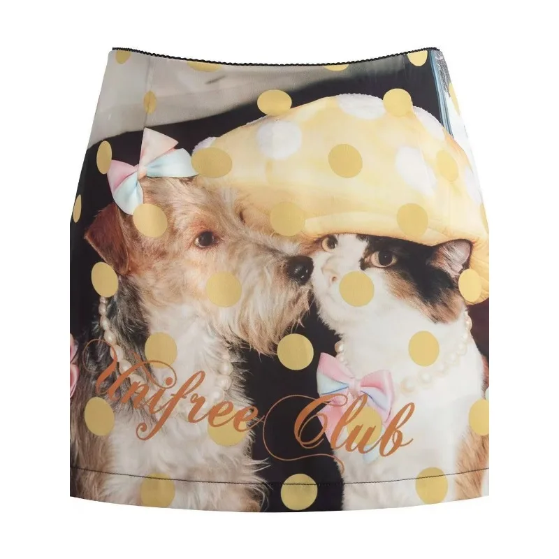 Women Animal Print Polka Dot Midi Skirt Cute Retro Straight-Cut Slim Summer Skirts Kawaii Clothing Tulle Skirt Y2K Streetwear
