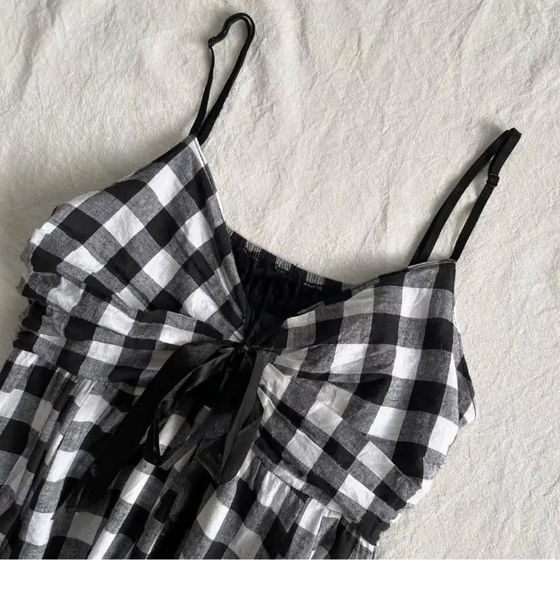 Vintage Y2k Loose Plaid Black Dress Women Spicy Girl Chic Sexy Sling Summer Off Shoulder Dresses A-line Casual Mini Dresses