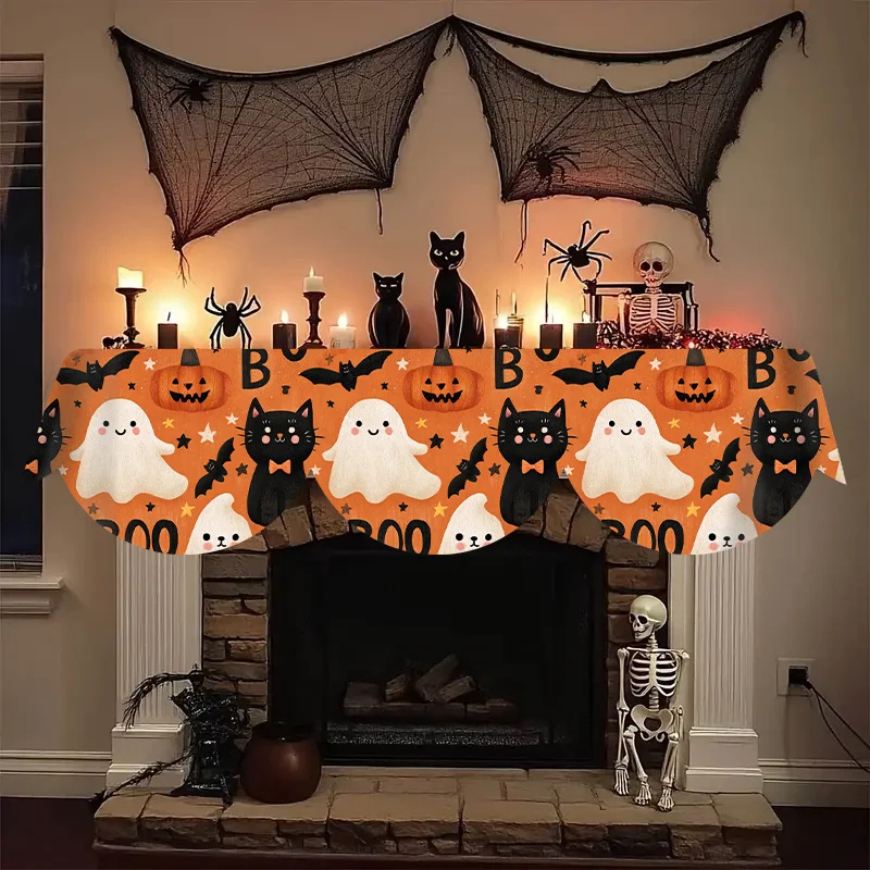 VIKAMA Halloween Fireplace Mantel Scarf Cute Ghost Black Cat Pumpkin Mantel Topper Kids Home Party Decoration