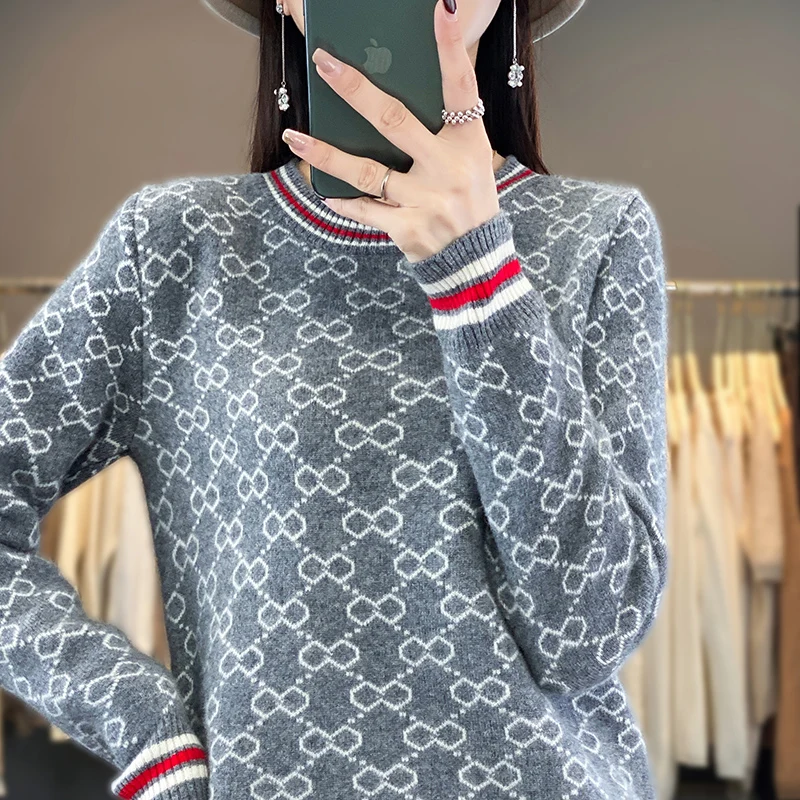 Women\'s 100% Merino Wool Soft Sweater Autumn Winter O-neck Computer Jacquard Pullover Casual Knit Female Cashmere Basis Top