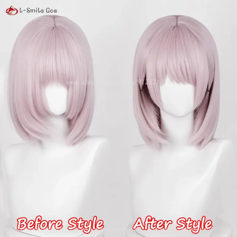 

Anime Fami Cosplay 35cm Short Gray Pink Kiga Wigs Simulated Scalp Heat Resistant Synthetic Hair Halloween + Wig Cap