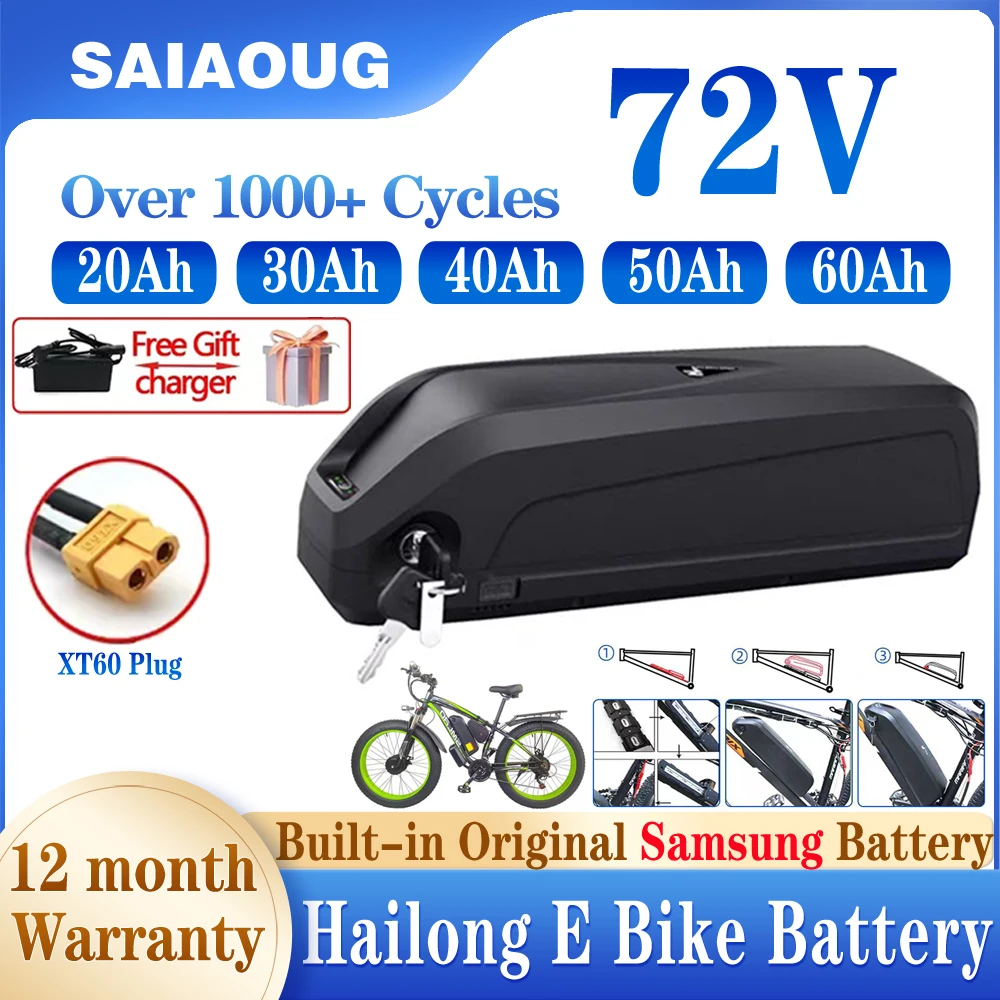 

72V 60Ah Electric eBike Power Battery Hailong Brand Cells Pack 50Ah 40Ah 30Ah Powerful Bicycle Lithium Battery 200W-3000W