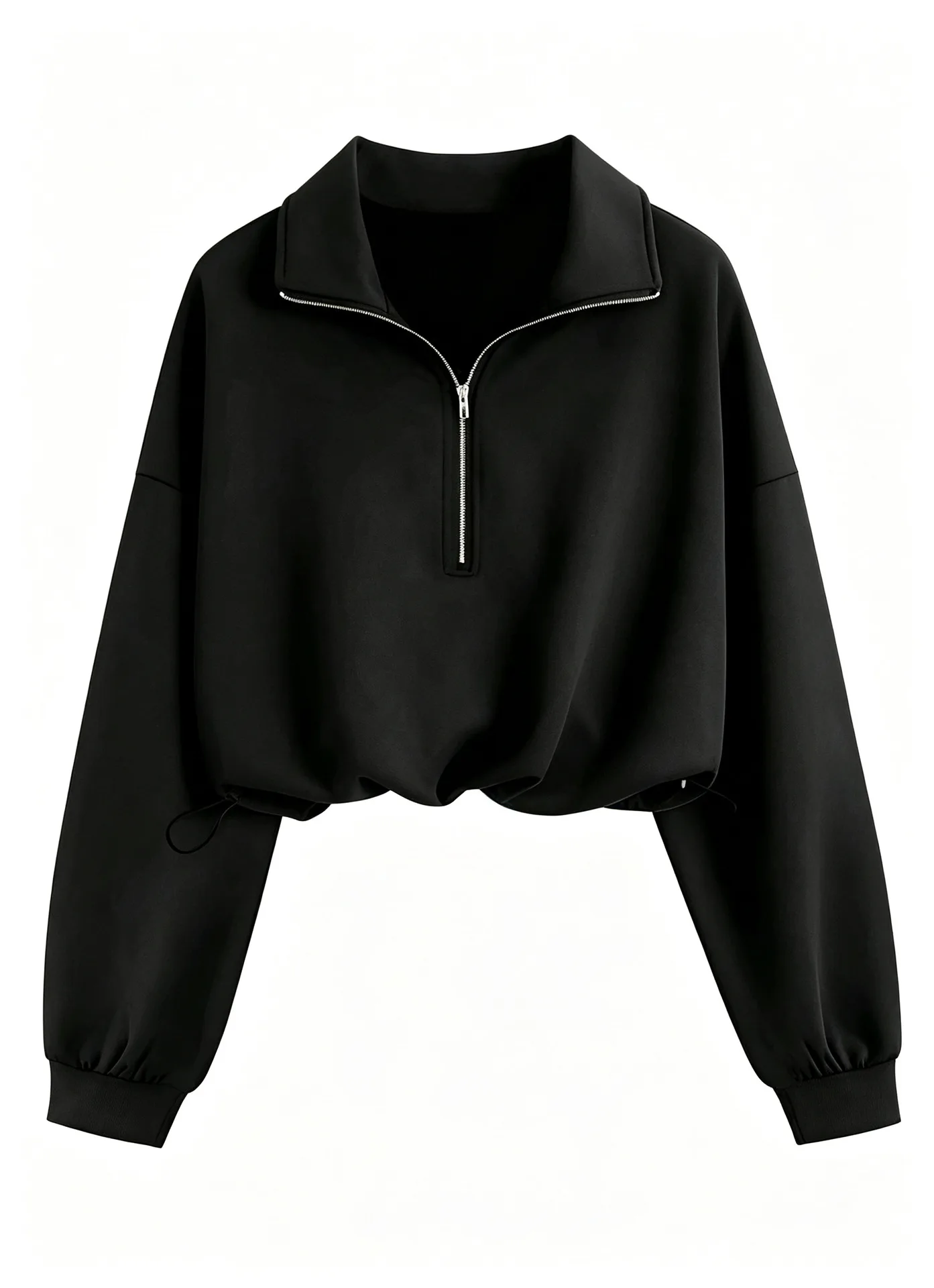 Women's Stand Collar Half Zip Cropped Sweatshirt with Drawstring Hem Long Sleeve Drop Shoulder Casual Loose Pullover Top
