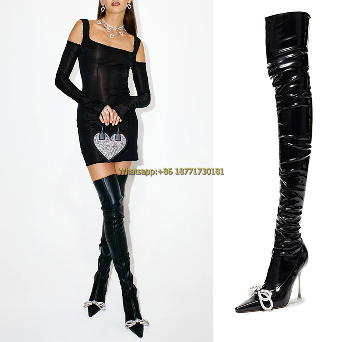 Black Rhinestone Butterfly Bow Pointed Thigh Boots Woman Winter 2025 Sexy Slip-On Stiletto Over The Knee Boots Shoes for Women