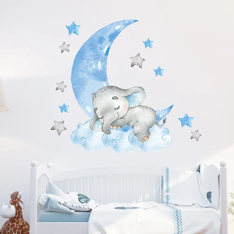 

Baby Boy Elephant Sleeping Moon Wall Stickers for Kids Room Baby Nursery Room Decoration Wall Decals Home Decor Cartoon Animal