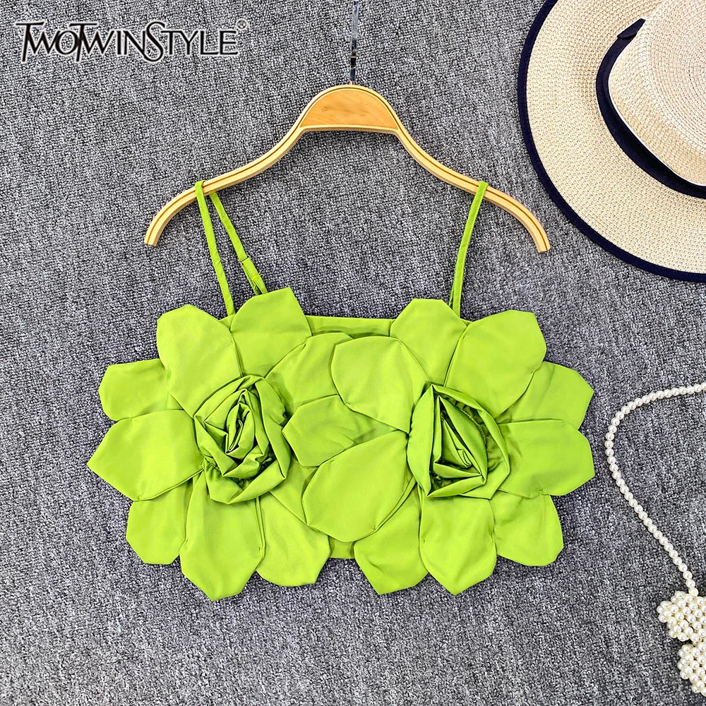 

TWOTWINSTYLE Solid Designer Spliced Appliques Vests For Women Square Collar Sleeveless Temperament Mini Vest Female KVE541779